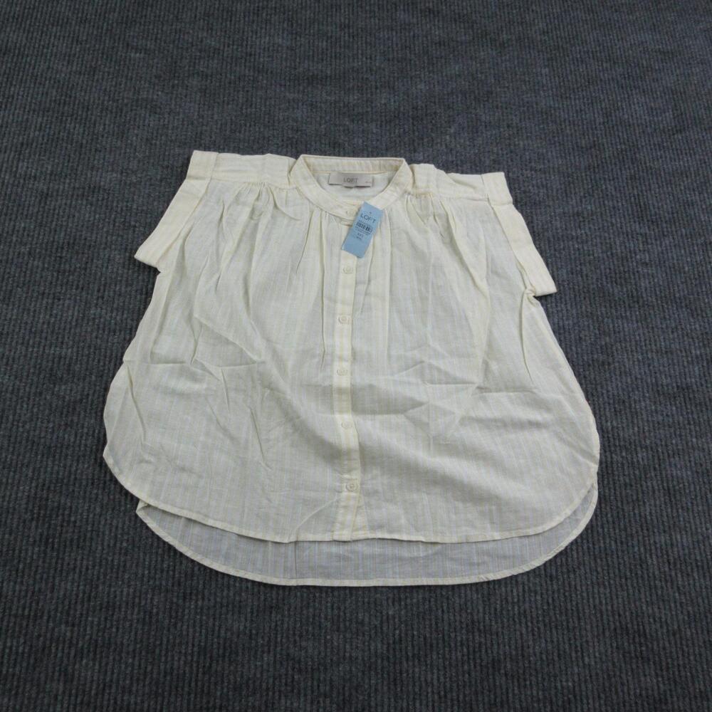 LOFT Button-Up Shirt Womens XXS Petite Yellow Striped Cap Sleeve Relaxed NWT
